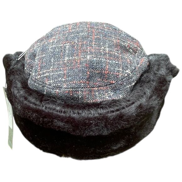 Nobis Plaid Tweed Faux Fur Ear Flaps Trapper Hat Cap Gray Red Winter Warm NWT main image 8